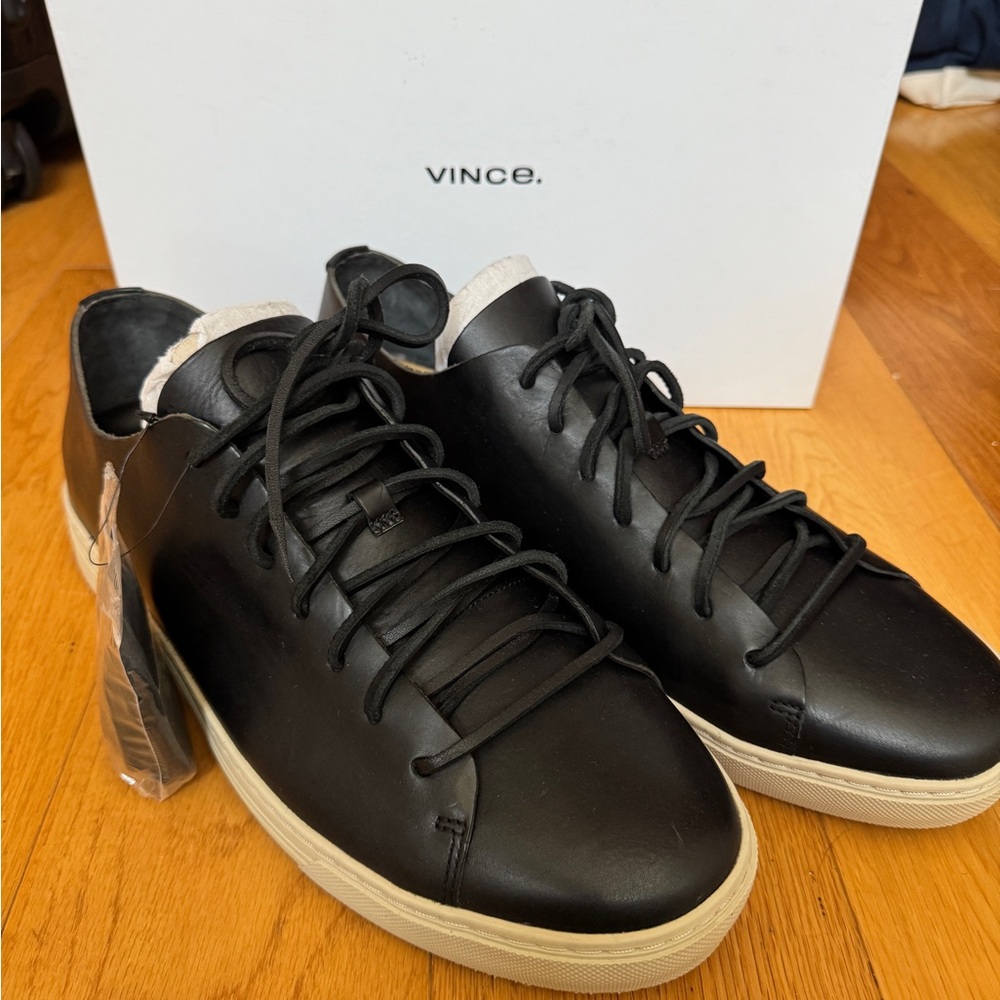 Vince Men's Black Leather Sneakers with Cream Soles